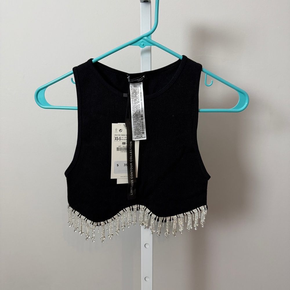 Zara Black Seamless Rhinestone Crop Top new with tags size XS/S - Picture 3 of 5
